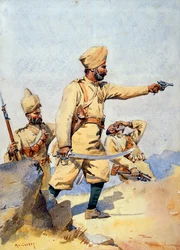 Soldados do 24º Punjabis Malikdin Khel (Afridi) e Subadar, Jay Sikh, ilustração para &39;Exércitos da Índia&39; pelo Major GF MacMunn, publicado em 1911, 1908